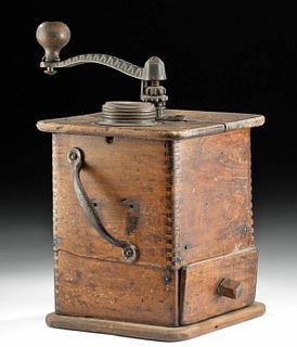19th C. American Wood and Brass Coffee Grinder