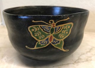Black Chawan with Enameled Butterflies, signed Ninsei