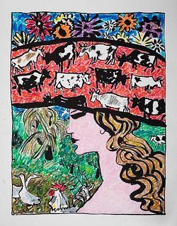 SCHOMER LICHTNER, Woman with Cow Hat, Flowers, Rooster, and Geese
