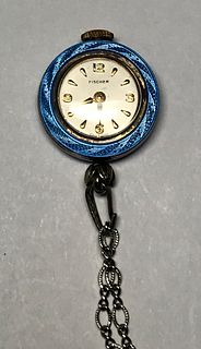 Fischer 17 Jewels Blue Guilloche Enamel & Silver Watch Pendant