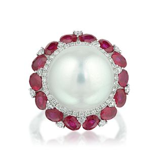 South Sea Cultured Pearl Ruby and Diamond Ring