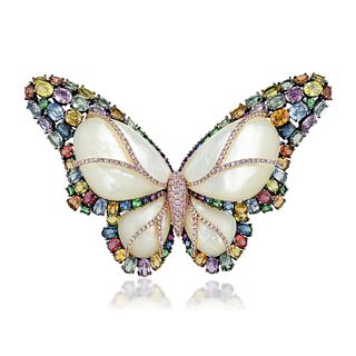 Multi-Colored Sapphire and Mother of Pearl Butterfly Brooch/Pendant
