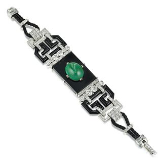 Art Deco Style Diamond Emerald and Onyx Bracelet