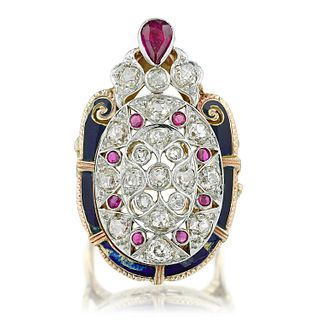 Antique Diamond Ruby and Enamel Ring