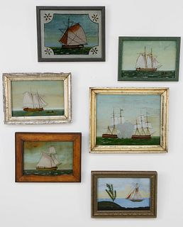 Set of Six Reverse Paintings on Glass of Ships, 19th and 20th c.
