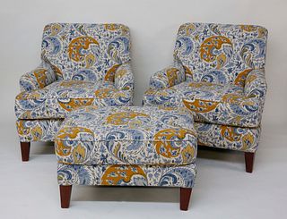 Pair of Blue and Gold Floral Upholstered Armchairs and Matching Ottoman