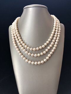 Triple Strand White Cultured Pearl Necklace with 14k Yellow Gold, Ruby, and Chip-Cut Diamonds