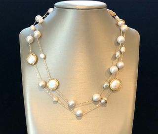 White Round Fresh Water, Baroque and Coin Pearl Necklace with Sterling Silver Wire and Chain