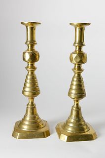 Pair of English Brass Beehive Pushup Candlesticks, 19th Century