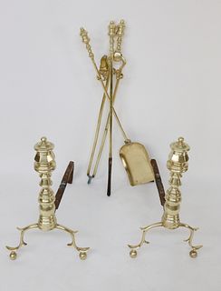 Pair of 19th c. Brass Pennsylvania Multi-turned Finial Top Andirons with Matching Tools