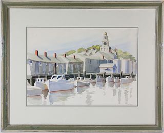Monumental Doris and Richard Beer Watercolor on Paper, "Old North Wharf"
