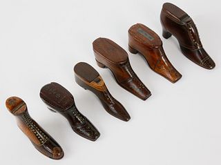 Group of Six 19th c. Carved and Inlaid Wood Shoe Snuff Boxes