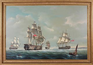 Salvatore Colacicco Oil on Wood Panel of British Man-o-War Fleet in the Open Seas