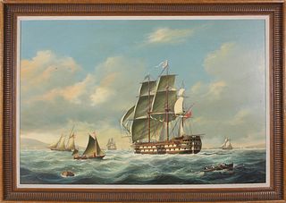 Salvatore Colacicco Oil on Wood Panel of a British Man-o-War Entering Port
