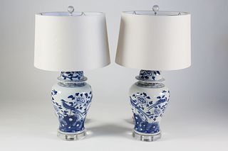 Pair of Blue and White Porcelain Covered Jar Lamps on Acrylic Stands