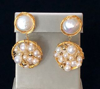 Pair of White Fresh Water Round Pearl Coin Earrings