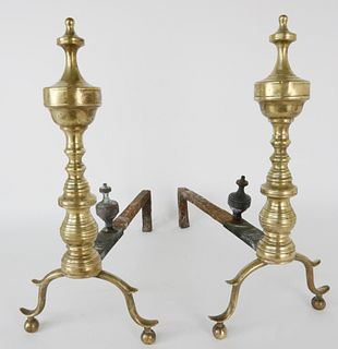 Pair of 19th Century Brass Multi Turned Finial Top Andirons