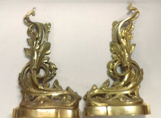 Antique gilt French  rococo style andirons firedogs Mid Century flames