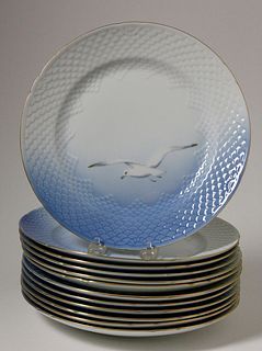 Set of Twelve B & G Denmark Seagull Decorated Dinner Plates