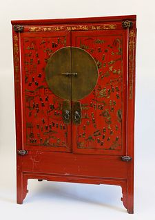 Chinese Gilt and Red Lacquer Moon Door Cupboard, circa 1880s