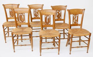 Set of Six Fruitwood Carved Rush Seat Dining Chairs, circa 1900