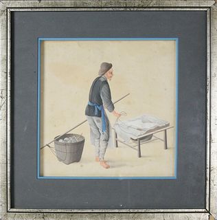 Vintage Occupational Watercolor on Paper of a Japanese Man Working