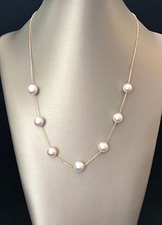 Fine 18k Yellow Gold White Akoya Pearl Tin Cup Necklace