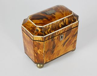 Early 19th c. English Regency Tortoiseshell Double Compartment Tea Caddy