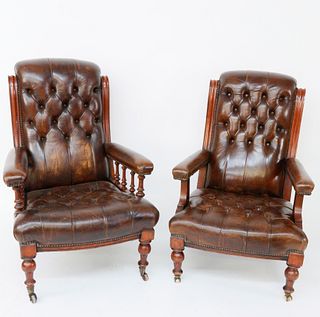 Pair of Mahogany and Tufted Leather Mr. and Mrs. Armchairs