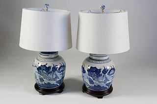Pair of Blue and White Canton Style Porcelain Covered Ginger Jar Lamps