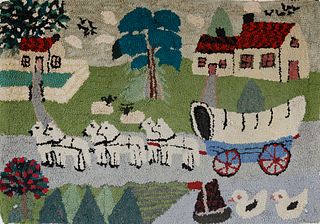 Antique Hooked Rug Depicting a Horse Drawn Carriage Through the Countryside