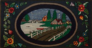 Antique Hooked Rug Depicting a Countryside Homestead with Floral Boarder