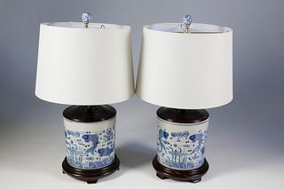 Pair of Blue and White Chinese Canton Style Cylindrical Lamps