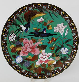 Antique Cloisonne Floral and Bird Decorated Charger