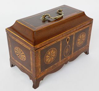 Multi-Wood Inlaid Chippendale Triple Compartment Tea Caddy, 19th c.