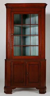 19th c. American Red Stained 2-Part Corner Cupboard