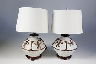 Pair of Ceramic Ancient Aztec Design Lamps