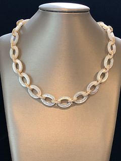 Oval Polished Mother of Pearl, Sterling Silver Vermeil, and CZ Crystal Necklace