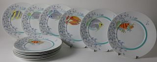 Set of Twelve Bernardaud Limoges "Craibes" Fish Dinner Plates