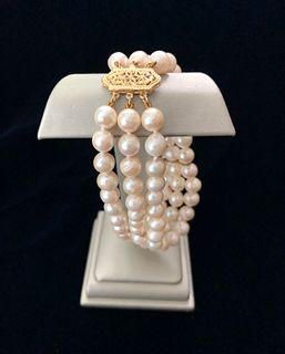 White Fresh Water Pearl Triple Strand Bracelet with 14k Yellow Gold Filigree Clasp