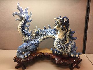 Heavy Porcelain  Blue & White Vintage Chinese Feng Shui Dragon Carved Wood Base