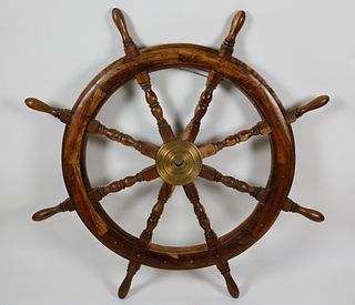 Vintage Elmwood and Brass Ship's Wheel