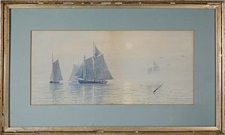 J.D. Hunting Watercolor on Paper, "Schooners in the Fog, Nantucket"