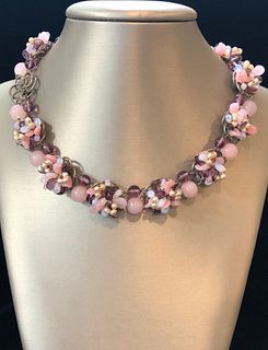French Rose Quartz, Amethyst, Moonstone and Faux Seed Pearl Choker Necklace