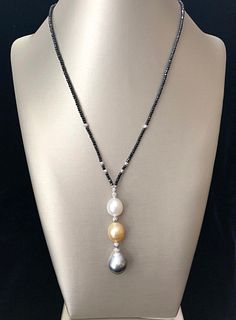 White and Gold South Sea and Grey Tahitian Pearl Lariat Necklace