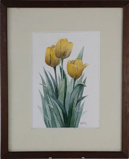 Roy Bailey Nantucket Miniature Watercolor, "Yellow Tulips"