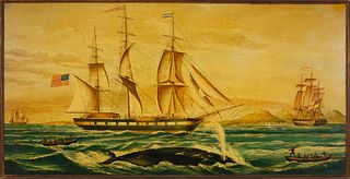 Vintage Oil on Panel Whaling Scene with Whale Ship and Whale in Foreground