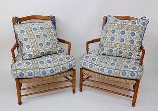 Pair of French Provincial Cherry Rush Seat Armchairs