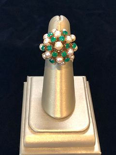 Emerald and Seed Pearl Cocktail Ring, 14k Yellow Gold