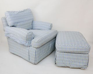 Large Blue and White Overstuffed Checkered Upholstered Armchair and Ottoman